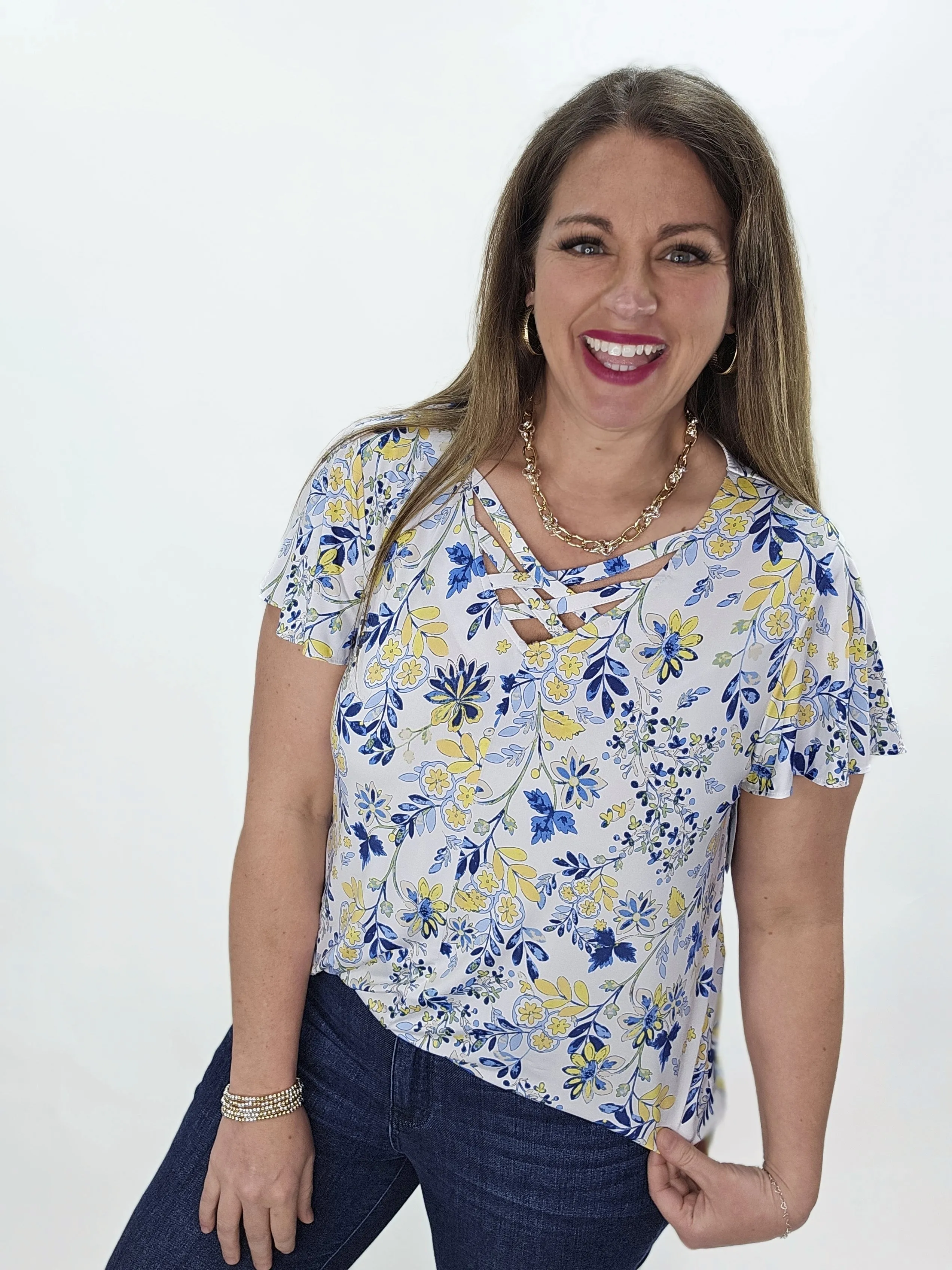 YELLOW/NAVY FLORAL CRISS CROSS TOP