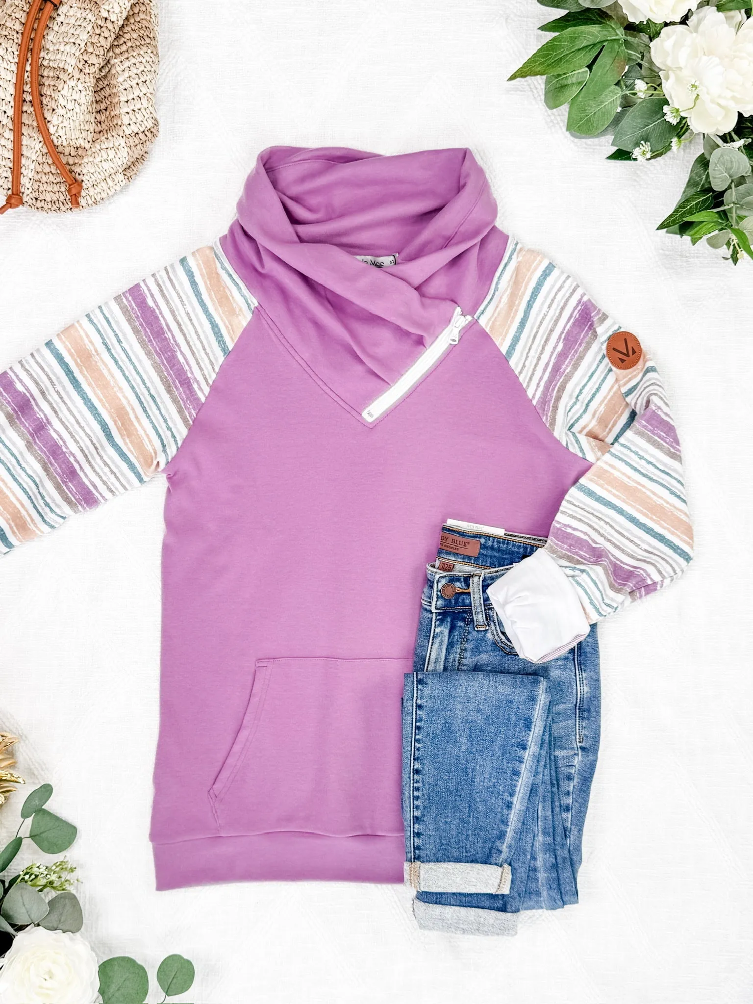 Zoey ZipCowl Sweatshirt - Mauve and Stripes