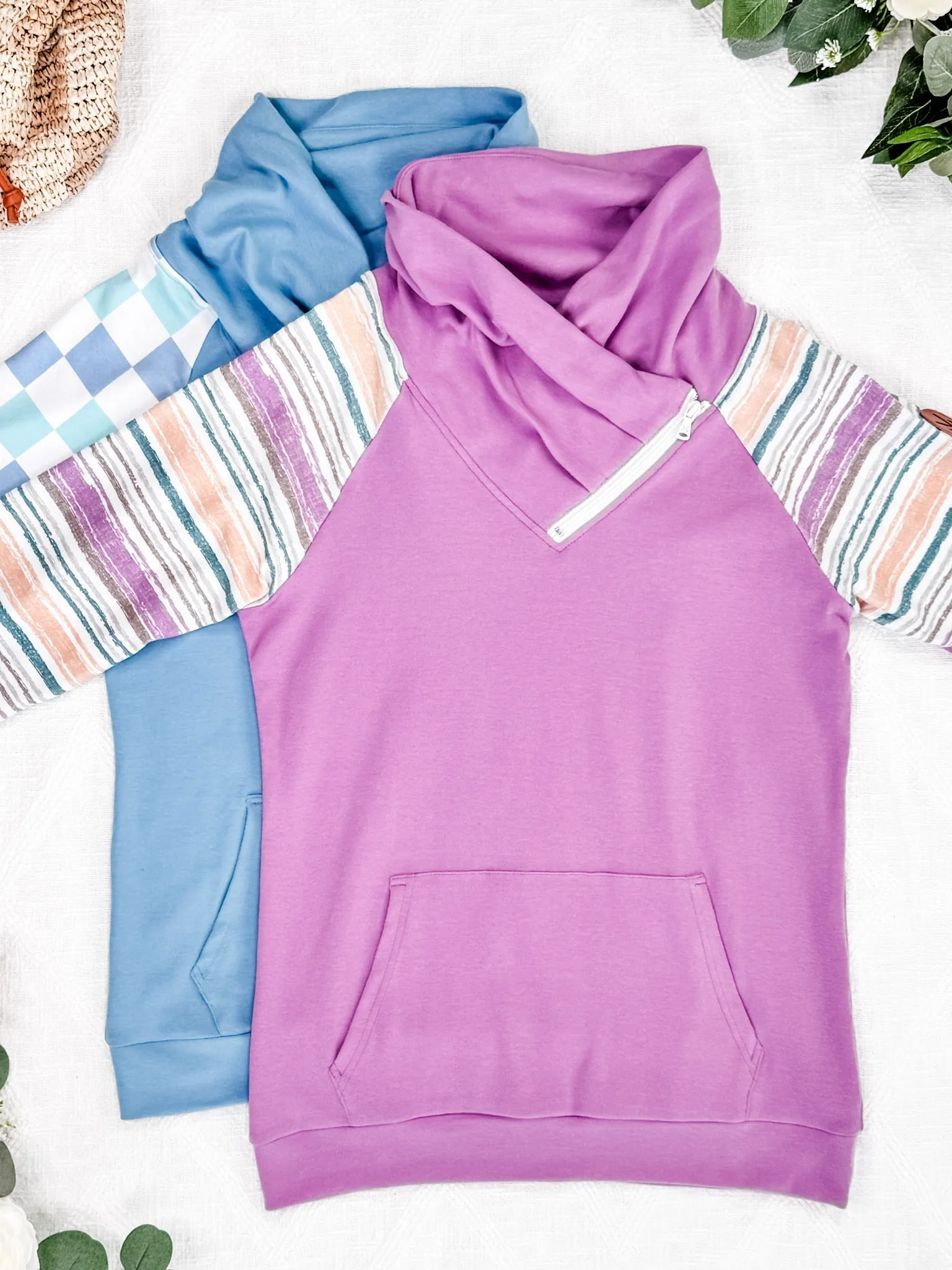 Zoey ZipCowl Sweatshirt - Mauve and Stripes