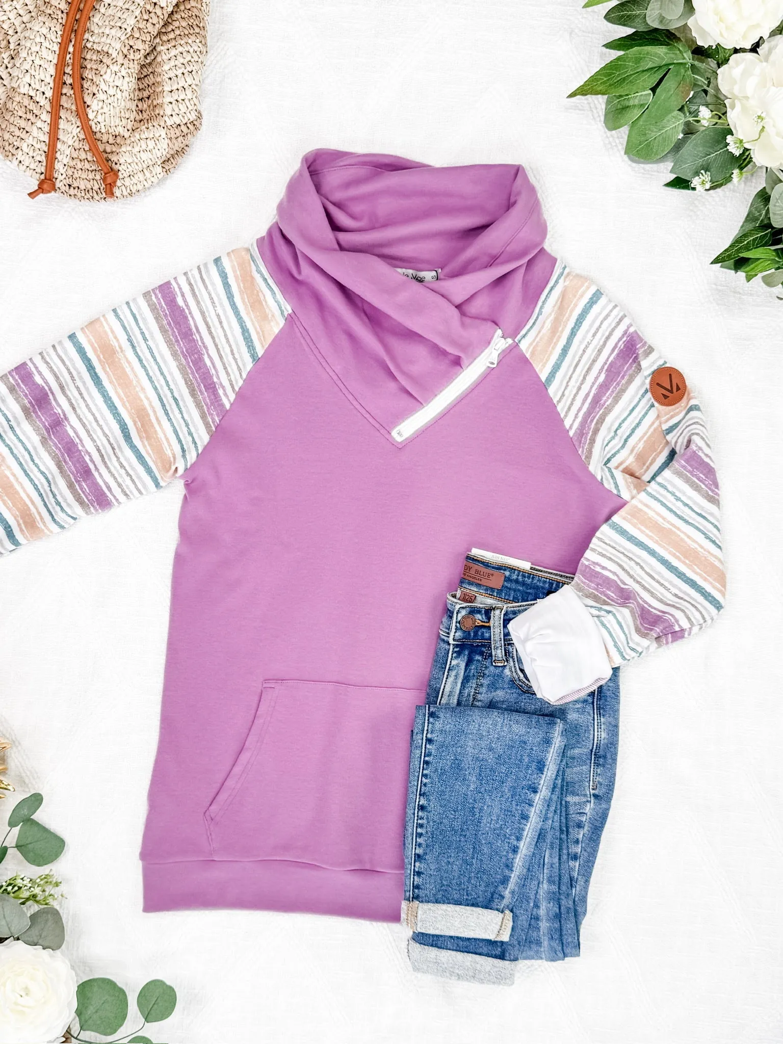Zoey ZipCowl Sweatshirt - Mauve and Stripes