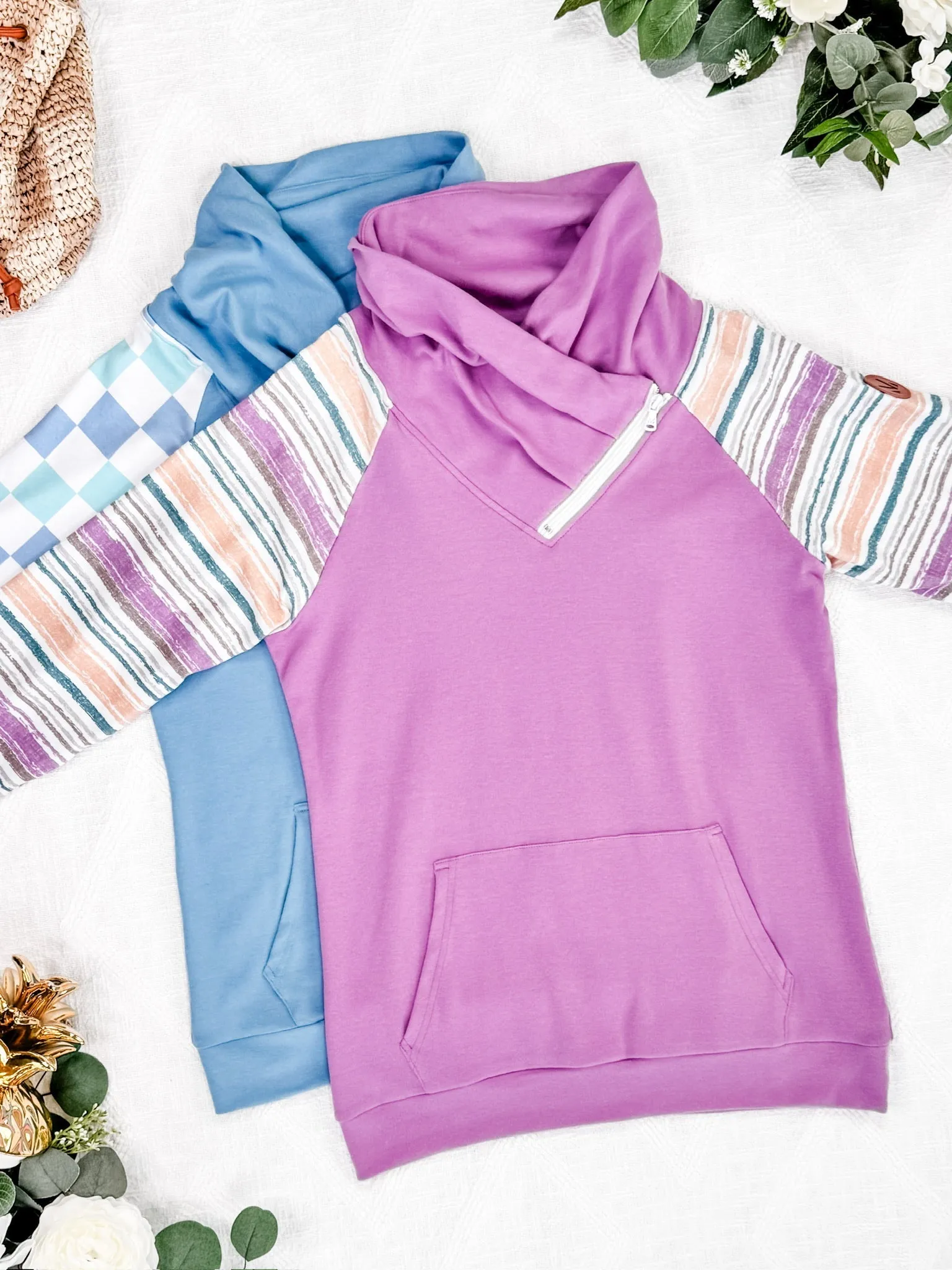 Zoey ZipCowl Sweatshirt - Mauve and Stripes