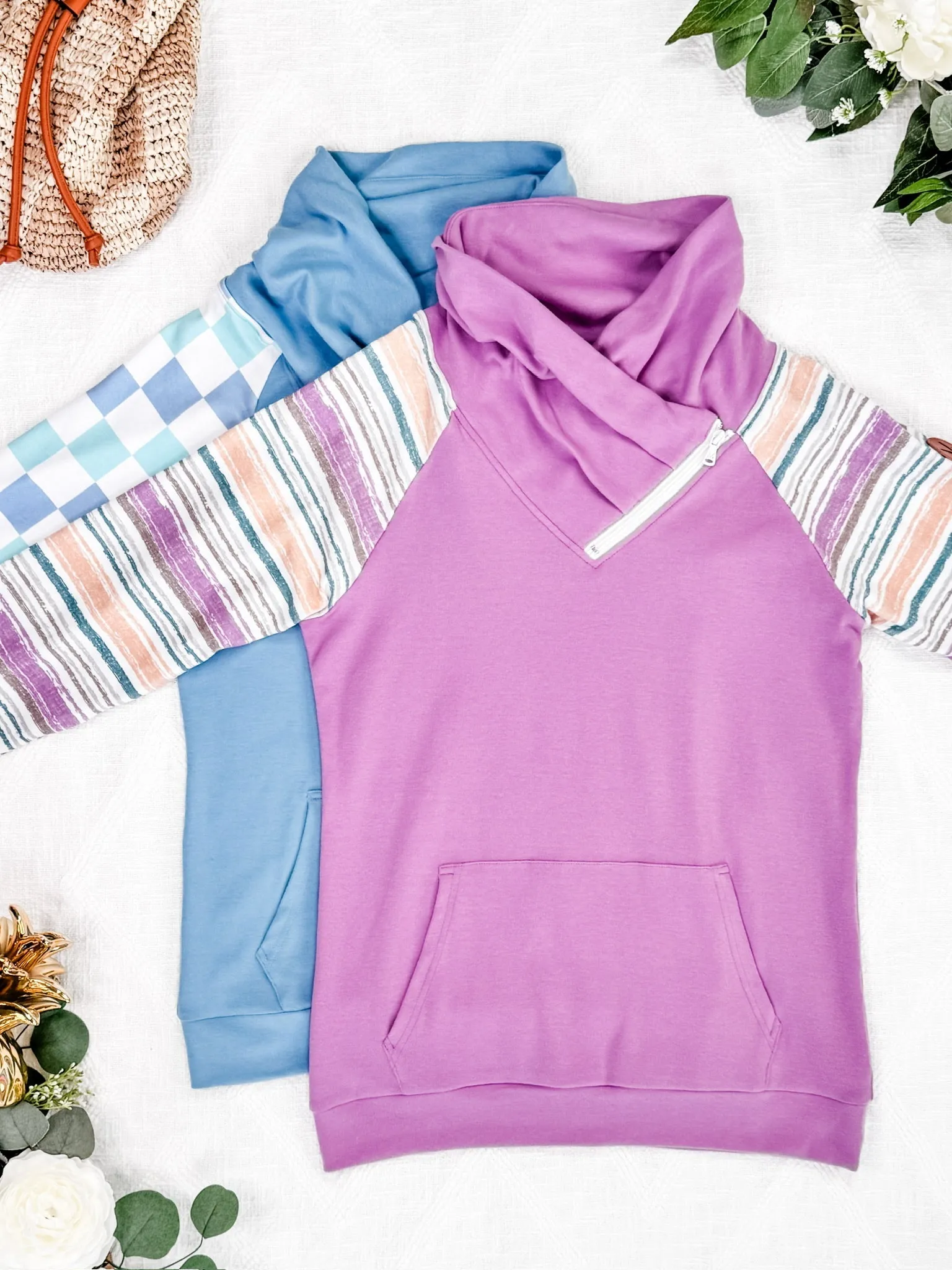 Zoey ZipCowl Sweatshirt - Mauve and Stripes