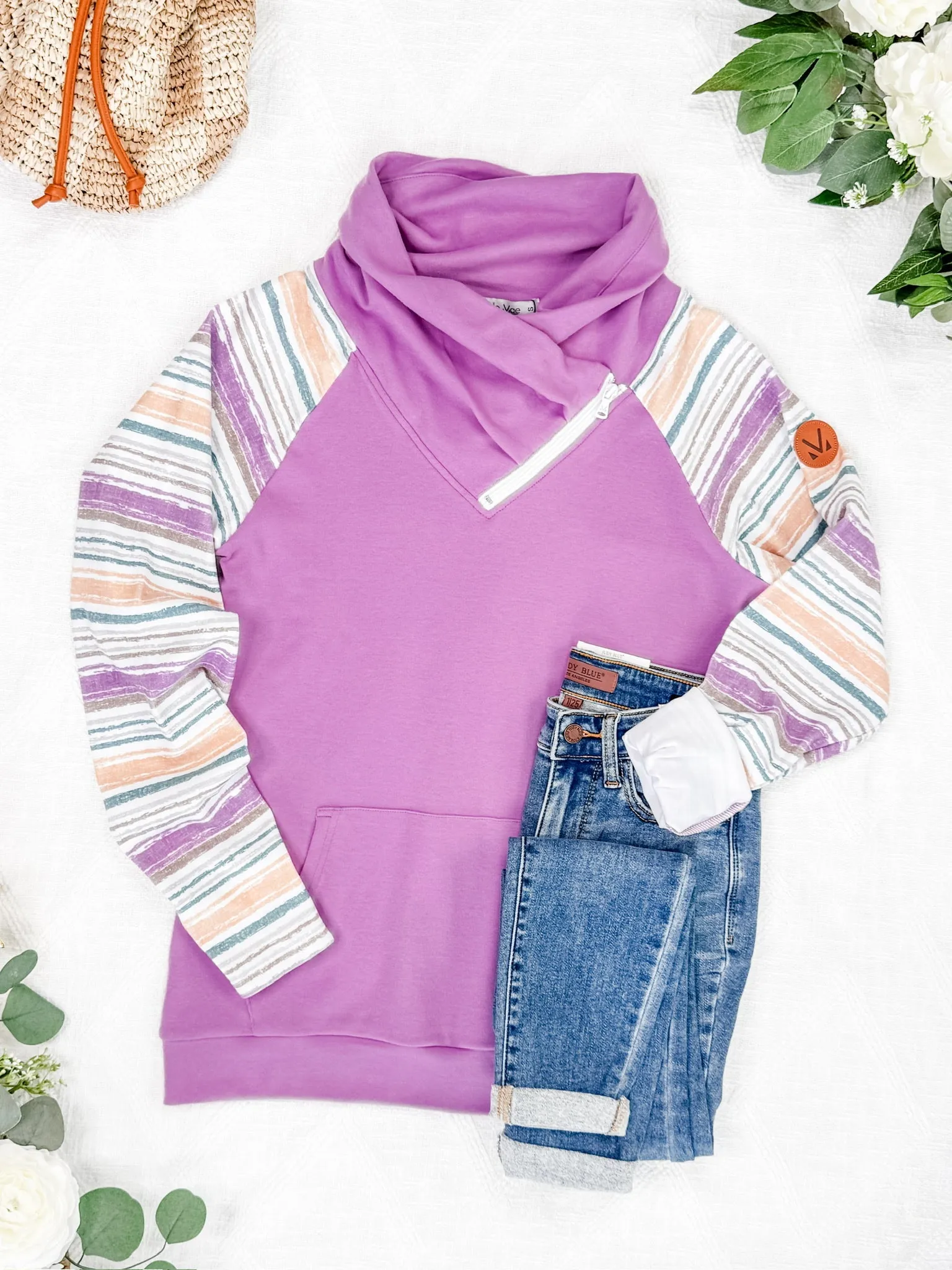Zoey ZipCowl Sweatshirt - Mauve and Stripes